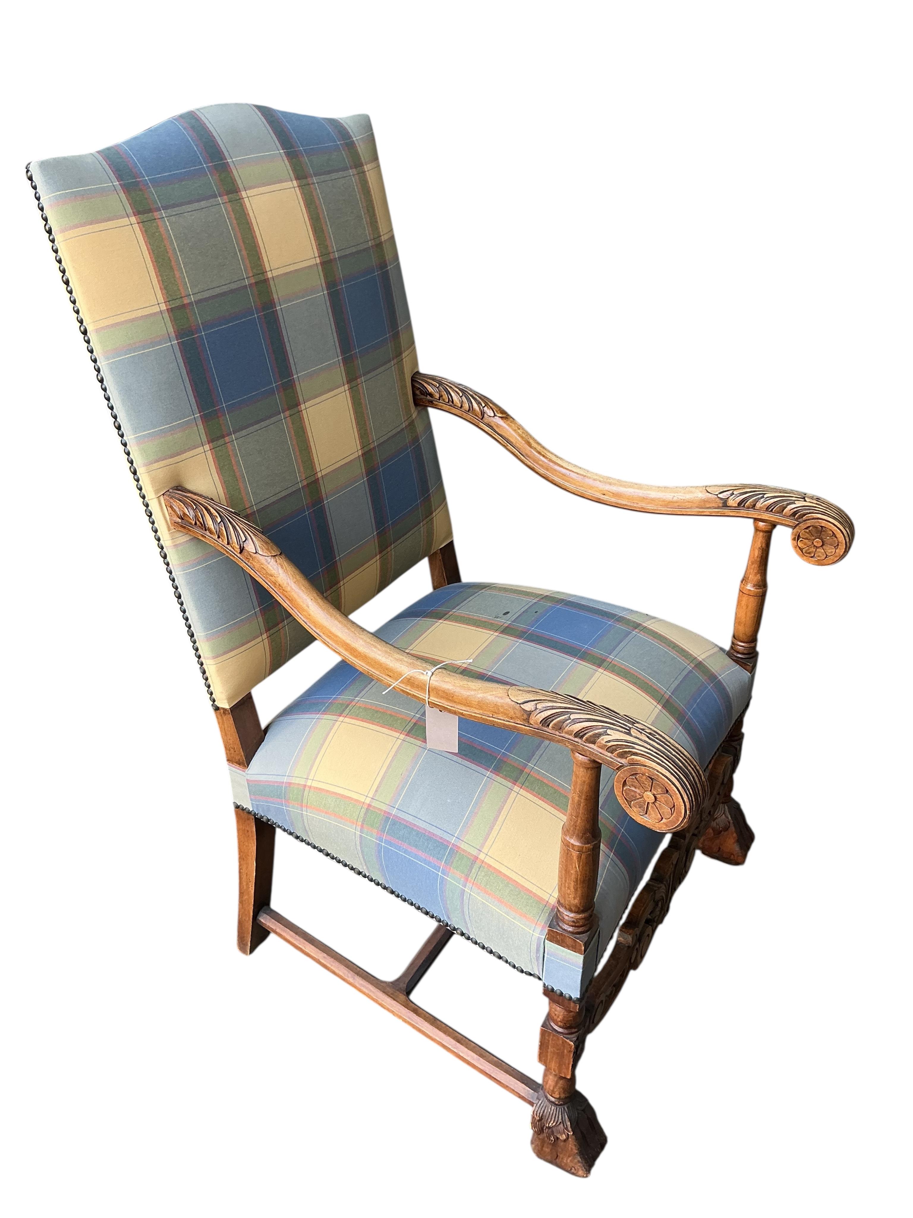 A Louis XVI style upholstered walnut armchair, width 65cm, depth 65cm, height 108cm